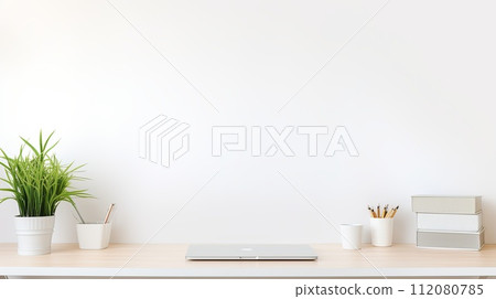 White Desk With Laptop and Potted Plant White Desk With Laptop and Potted Plant 112080785