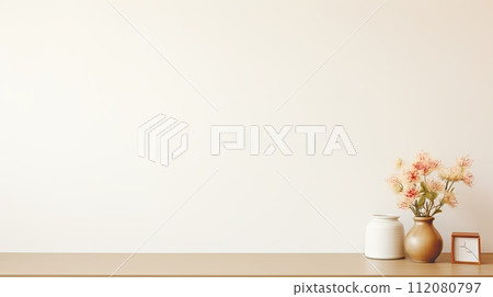 Wooden Table With Two Vases of Flowers Wooden Table With Two Vases of Flowers 112080797