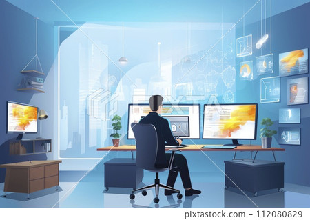 Man Sitting at Desk With Two Monitors 112080829