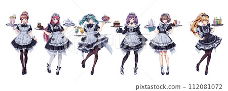 Pretty girls in maid cafe costumes color vector characters 112081072
