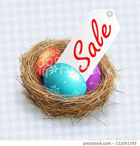 Isolated composition element, straw nest with Easter eggs and white tag Isolated composition element, straw nest with Easter eggs and white tag 112081395