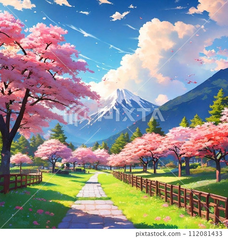 可以看到櫻花和山脈的山脊道路 112081433
