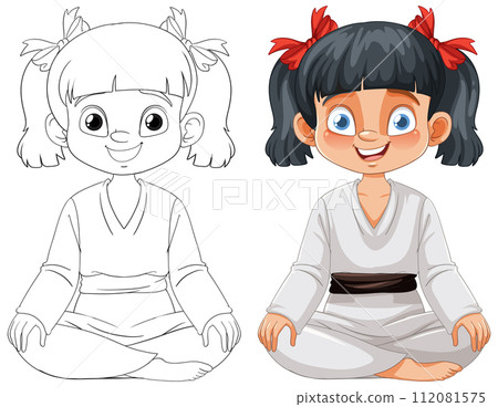 Karate Girl Vector Illustration in Color and Outline Karate Girl Vector Illustration in Color and Outline 112081575
