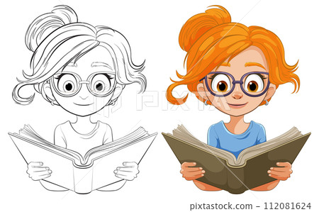 Curious Girl Reading a Book Illustration Curious Girl Reading a Book Illustration 112081624