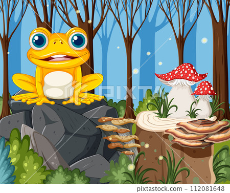 Cheerful Frog in Enchanted Forest Scene Cheerful Frog in Enchanted Forest Scene 112081648