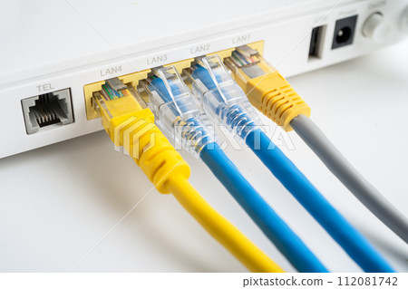 Ethernet cable with wireless router connect to internet service provider internet network. Ethernet cable with wireless router connect to internet service provider internet network. 112081742