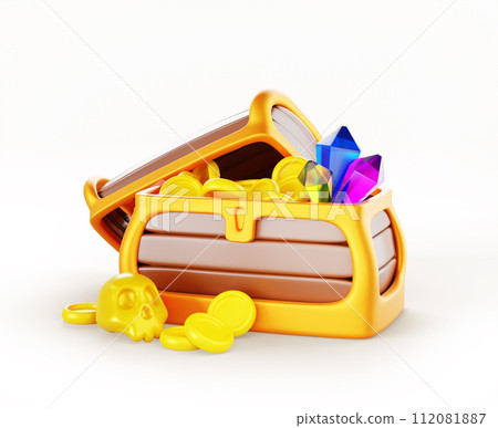 Treasure chest with gold coin, gem stones and skull 3d render game icon. Wooden open trunk box with golden money and crystals. Pirate loot or bonus reward, cartoon fantasy ui asset. 3D illustration Treasure chest with gold coin, gem stones and skull 3d render game icon. Wooden open trunk box with golden money and crystals. Pirate loot or bonus reward, cartoon fantasy ui asset. 3D illustration 112081887