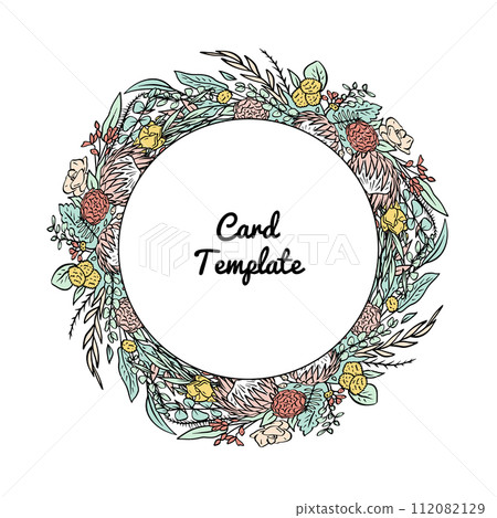 Hand drawn colorful line art tropical protea flower round frame 112082129