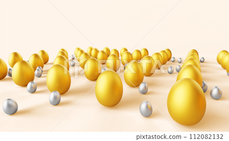 Abstract 3d background perspective of gold and silver eggs. Business, finance and wealth concept, sale banner. Easter landscape with luxury golden large and metal small eggs, pattern. 3D illustration 112082132