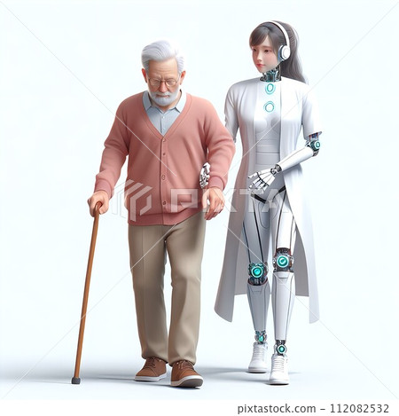 A disabled elderly man and a beautiful AI care robot 112082532