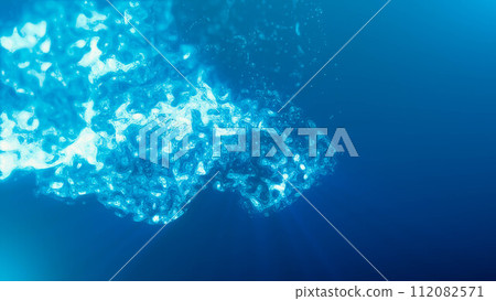 Blue multi-colored energy glowing magic liquid made of waves and electric iridescent plasma of high-tech digital lines and particles in water. Abstract background 112082571