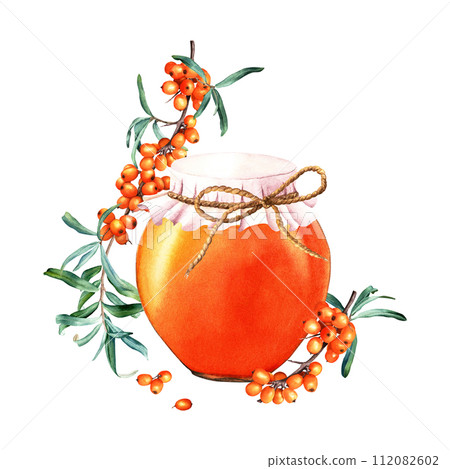 Composition with sea buckthorn and glass jar with fabric cover, decorative rope filled with fruit or berry jam. Hand drawn watercolor food illustration isolated. For clip art cards menu label package 112082602