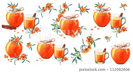 Set of sea buckthorn, rolled strips of cinnamon, cup of drink and glass jar with fabric cover filled jam. Hand drawn watercolor food illustration isolated on white. For clip art menu label package 112082606