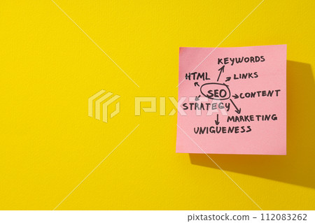 Pink note paper with diagram on yellow background, space for text 112083262