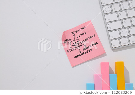 Note with words, diagram and keyboard on light background, space for text 112083269