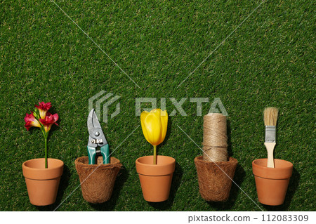 Garden tools, flowers and twine in flower pots on green background, space for text Garden tools, flowers and twine in flower pots on green background, space for text 112083309