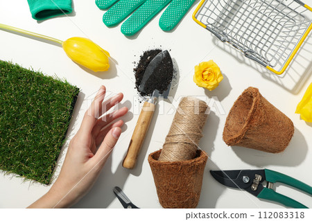 Gardening supplies, flowers, grass, hand and shopping basket on white background, top view Gardening supplies, flowers, grass, hand and shopping basket on white background, top view 112083318
