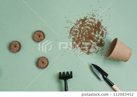 Set of garden tools and seeds on a green background of the table at home 112083452
