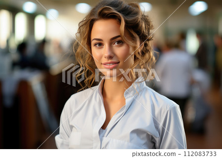 Young European woman doctor in a white medical gown smiles 112083733
