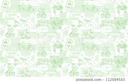Mobile app to order grocery. Courier delivering. Seamless line pattern 112084583