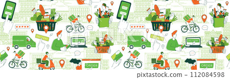 Mobile app to order grocery. Courier delivering. Seamless line pattern Mobile app to order grocery. Courier delivering. Seamless line pattern 112084598
