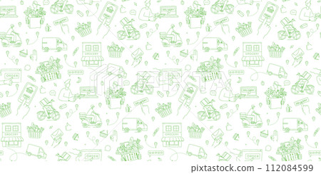 Mobile app to order grocery. Courier delivering. Seamless line pattern 112084599