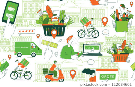 Mobile app to order grocery. Courier delivering. Seamless line pattern 112084601