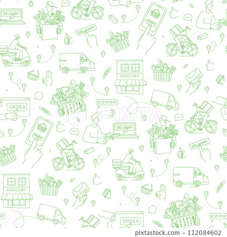 Mobile app to order grocery. Courier delivering. Seamless line pattern 112084602