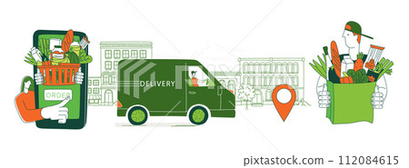 Mobile app to order grocery. Courier delivering. Background city landscape 112084615