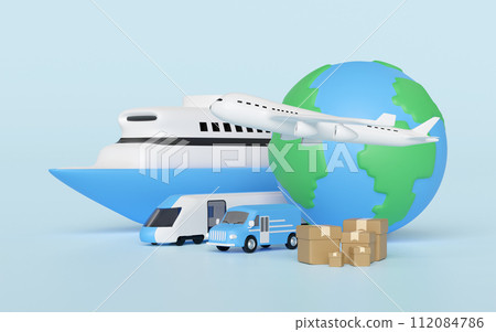 Worldwide shipping concept with globe, airplane, van, boat, goods box isolated on blue background. 3d render illustration Worldwide shipping concept with globe, airplane, van, boat, goods box isolated on blue background. 3d render illustration 112084786