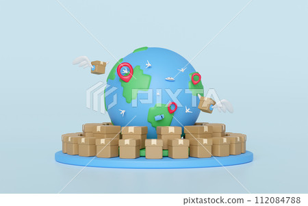 3d goods cardboard box with wing, globe on podium, pin isolated on blue background. express delivery route, worldwide shipping concept, 3d illustration render 112084788