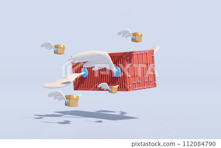 shipping container fly with goods cardboard box, wing isolated on blue background. express delivery route, worldwide shipping concept, 3d illustration render shipping container fly with goods cardboard box, wing isolated on blue background. express delivery route, worldwide shipping concept, 3d illustration render 112084790