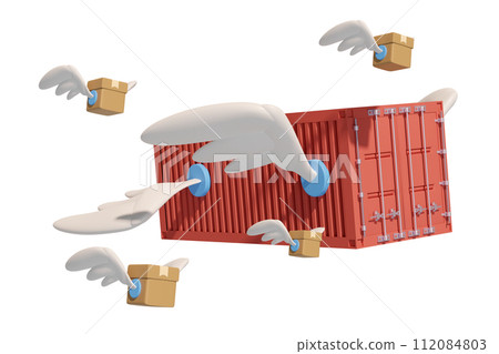 shipping container fly with goods cardboard box, wing isolated. express delivery route, worldwide shipping concept, 3d illustration render shipping container fly with goods cardboard box, wing isolated. express delivery route, worldwide shipping concept, 3d illustration render 112084803