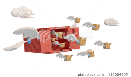shipping container fly with goods cardboard box, wing isolated. express delivery route, worldwide shipping concept, 3d illustration render shipping container fly with goods cardboard box, wing isolated. express delivery route, worldwide shipping concept, 3d illustration render 112084805