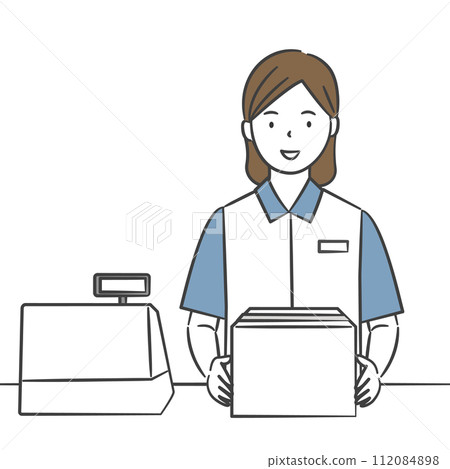 A female clerk at a convenience store handing over luggage at the cash register A female clerk at a convenience store handing over luggage at the cash register 112084898