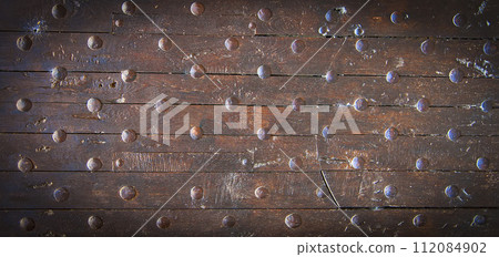 Old texture painted wooden boards. Selective focus 112084902