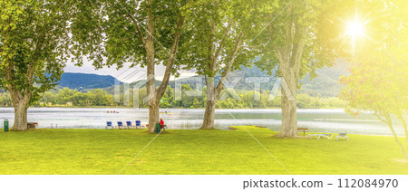 Landscape of Lake Banolas in the province of Gerona on sunlight 112084970