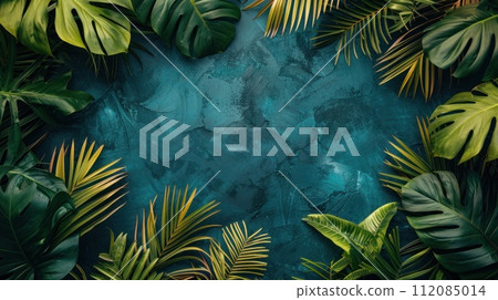 Tropical palm leaves arranged in a flat lay summer background with an empty space Tropical palm leaves arranged in a flat lay summer background with an empty space 112085014