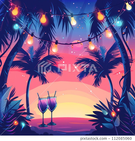 Abstract minimalistic background for a summer holiday party with palm trees, alcoholic cocktails, garlands 112085060