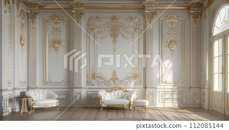 a posh room with white, gold wall panels 112085144