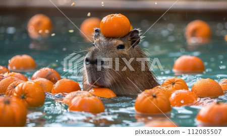 Capybara swims in a pool with tangerines Capybara swims in a pool with tangerines 112085507