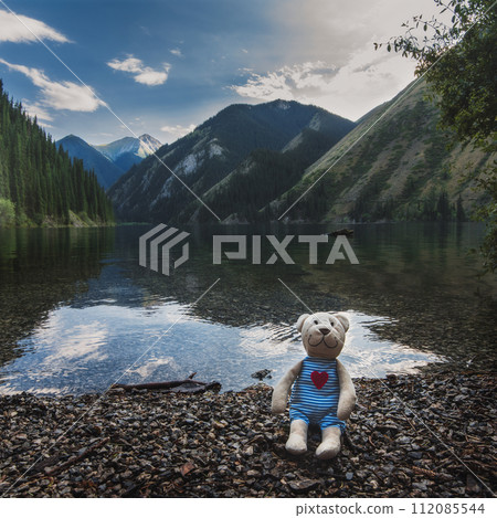 toy plush teddy bear sits relax on rocks near Kolsay Lake in Kazakhstan in Tien Shan Mountains in summer 112085544