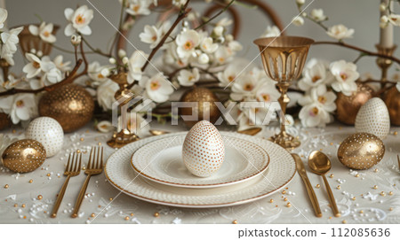 Festive Easter set table with white ceramic plates, ceramic golden eggs, golden forks and knives, flowers Festive Easter set table with white ceramic plates, ceramic golden eggs, golden forks and knives, flowers 112085636