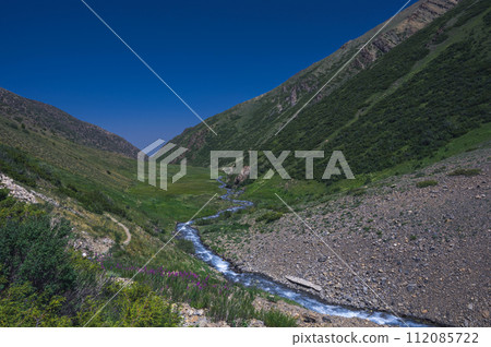 Mountain river in field in valley in Koksai gorge in the Aksu-Zhabagly Nature Reserve in Kazakhstan in summer Mountain river in field in valley in Koksai gorge in the Aksu-Zhabagly Nature Reserve in Kazakhstan in summer 112085722