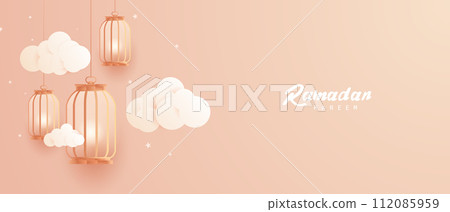 Ramadan Kareem Islamic festival greeting with beautiful lanterns decorated design vector illustration 112085959