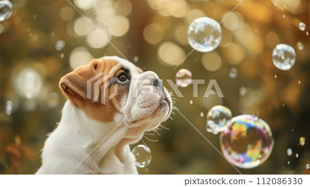 Bulldog Chasing Bubbles in Autumn Park 112086330