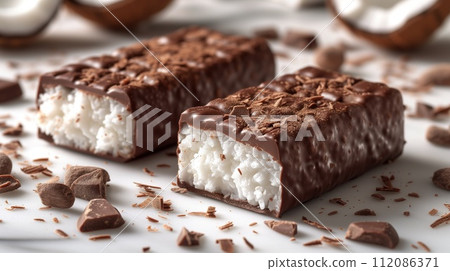 dessert coconut chocolate bar closeup 112086371