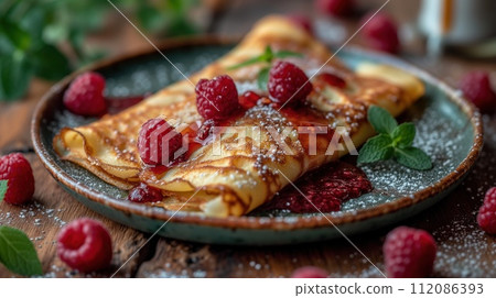 sweet pancakes with raspberries in a plate 112086393