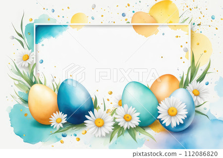 Celebrating Easter, holiday greeting card watercolor with chamomiles and colored eggs. Celebrating Easter, holiday greeting card watercolor with chamomiles and colored eggs. 112086820