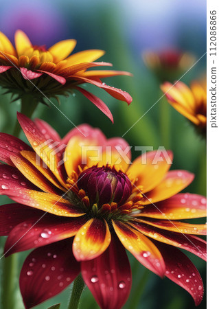 Spring flowers of gaillardia pulchella macro with drops of water on the petals. Mother's day or Valentine day concept. Spring flowers of gaillardia pulchella macro with drops of water on the petals. Mother's day or Valentine day concept. 112086866